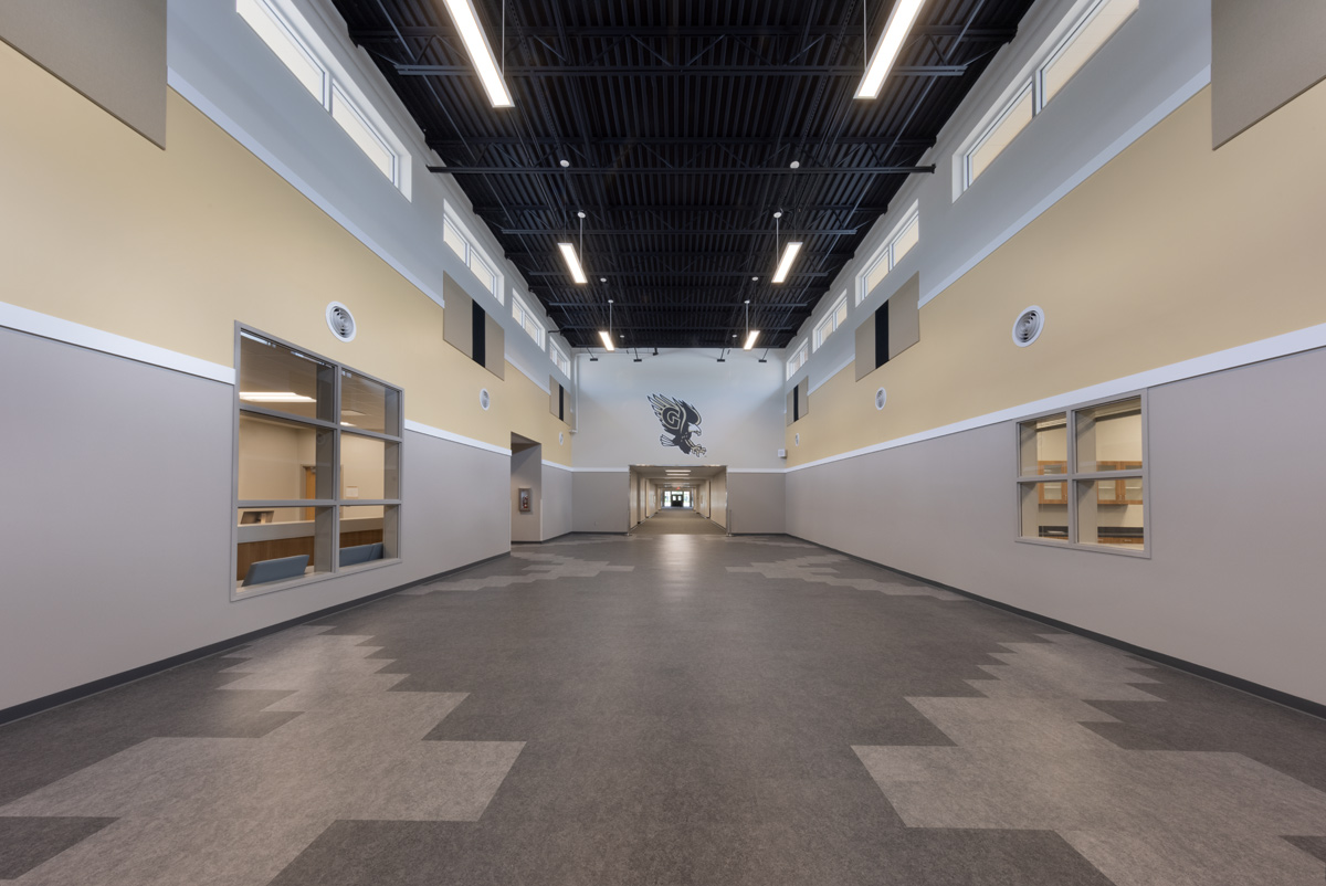 Interior design view of the entry corridor at Gateway High School in Fort Myers, FL.